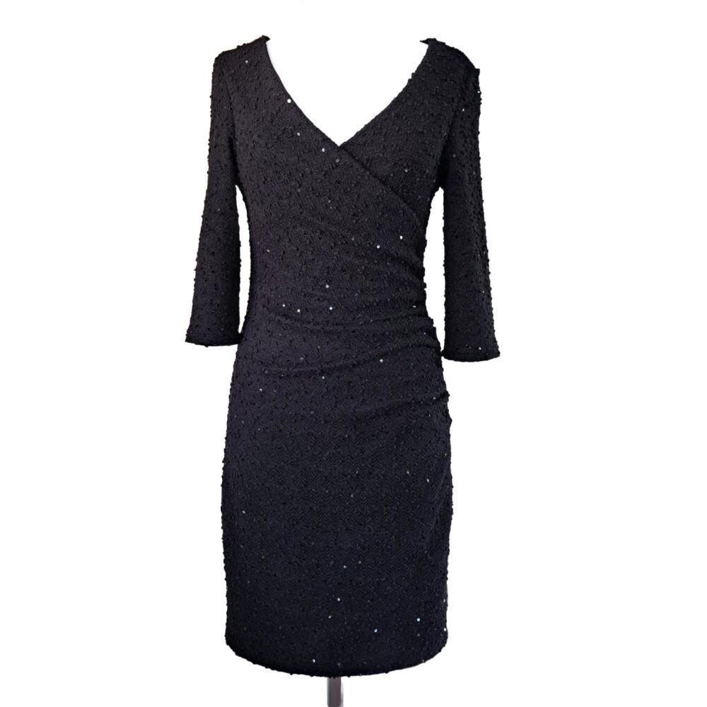 JOSEPH RIBKOFF Black Sequin Bouclé Faux Wrap Sheath Dress Size 12 3/4 Sleeve LBD